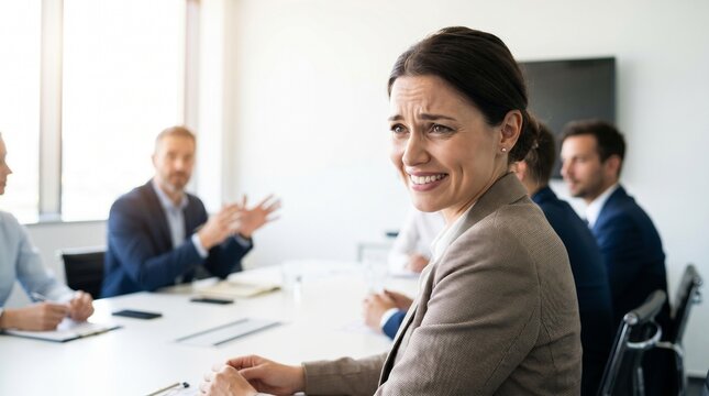 Employee Giving a Polite Feign Reaction During a Meeting, Slight Smile, Subtle Expression, Office Environment, Candid Interaction, Workplace Concept