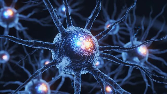 Detailed Representation of Neurons with Interconnected Structures and Luminescent Activity Showcasing Neural Communication and Synaptic Transmission.