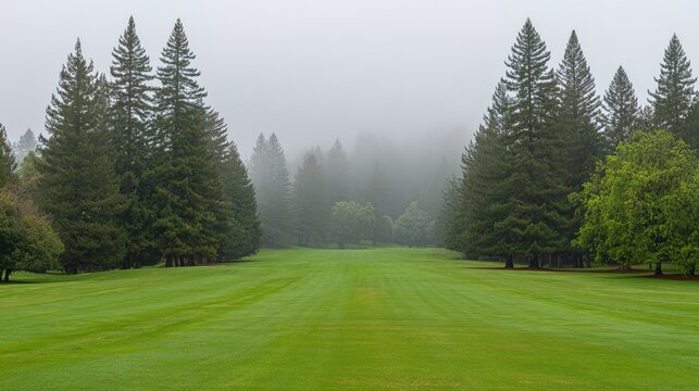 fairway. Golf course with perfectly cut fairway under misty morning skies, surrounded by tall pine trees. event key visuals, club posters, designed for fitness apps and gym onboarding.