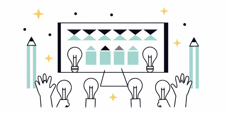 Illustration of a presentation stage with lightbulb graphics and hands