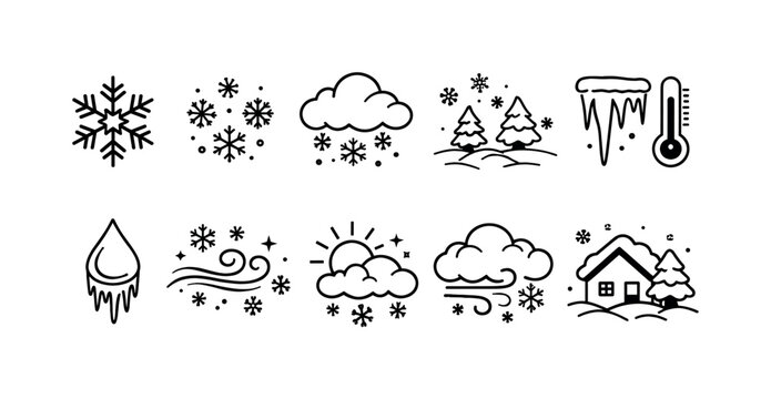 Collection of winter weather icons, including snowflakes, snow, and cold temperatures