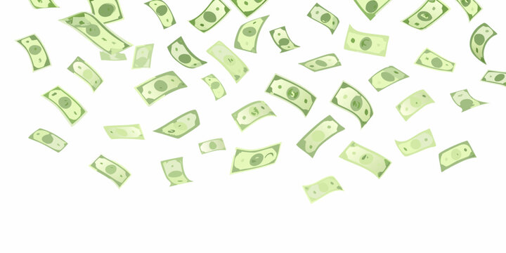 Falling us dollar banknotes money rain on white background