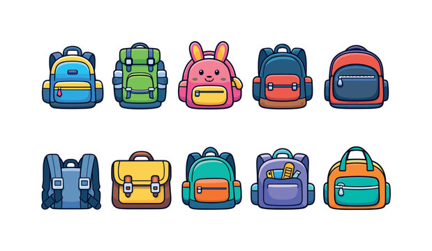 Collection of colorful cartoon backpacks and bags for school and travel