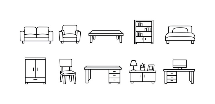 Collection of simple line art icons representing various furniture items for home and office