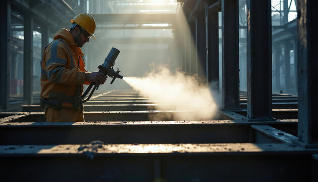 Worker applies fireproof coating to steel beams with spray gun. Construction worker in hard hat wears safety gear applying insulation material on building structure for fire resistance and protection.