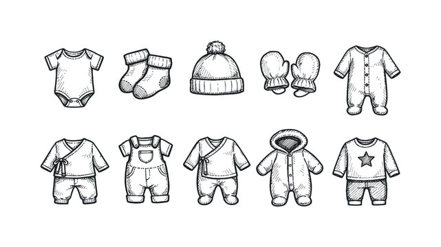 Collection of hand-drawn baby clothing items and accessories for newborns and infants