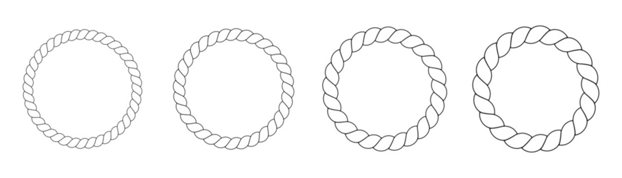 Round rope curve symbol collection.
Pattern rope brush. Hexazon, square, oval and heart shape in sea sailor theme, nautical rope collection, flat vector illustration.Vintage nautical braided cord.