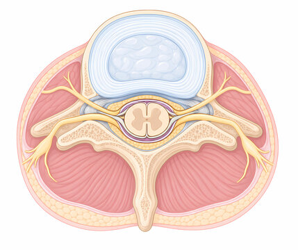 Spinal cord vertebrae cross section with nerve roots and disc