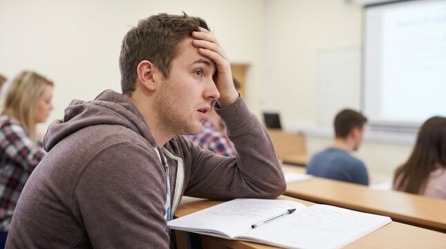 Student Showing a Forget Reaction During Class, Confused Expression, Notebook Visible, Educational Setting, Candid Moment