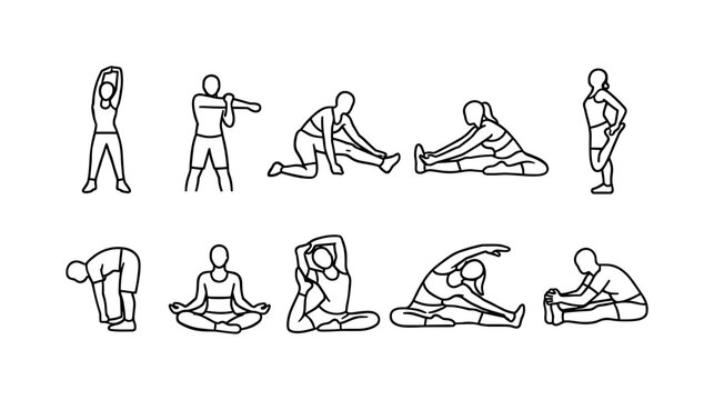 Collection of line art illustrations showing various stretching and yoga poses for fitness