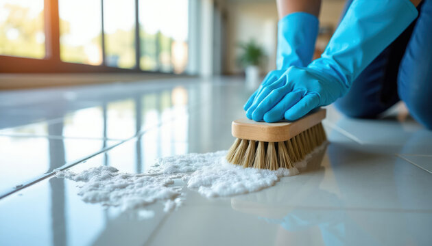 Person in blue gloves scrubs floor with brush and suds. Dirt and soap create foam on shiny tiles. Detailed cleaning and hygiene work for spotless home.