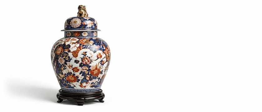 old Japanese Imari porcelain baluster vase with cobalt blue iron red and gold chrysanthemum patterns displayed as a single hero object on a small dark wooden stand on white background