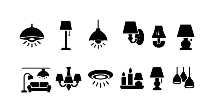 Collection of simple black lighting icons for interior design and home decor