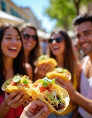 Friends laugh holding fresh tacos. Young adults eat mexican street food outdoors. People enjoy tasty meal, share happy moments at food festival.