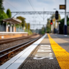 Naklejka premium Empty Train Station Platform with Railway Tracks and Signal Lights in a Quiet Urban Setting During Daytime