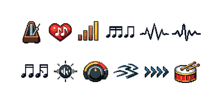 Collection of pixel art icons representing music and sound elements