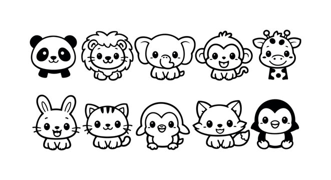 Collection of cute cartoon animals in a simple line art style