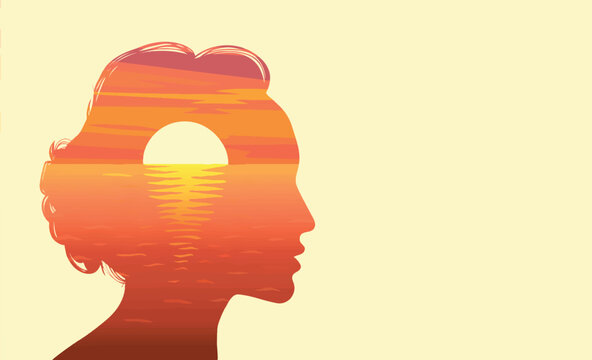 Sun rising over ocean in silhouette female head. Woman mindset awakening psychology mental health.