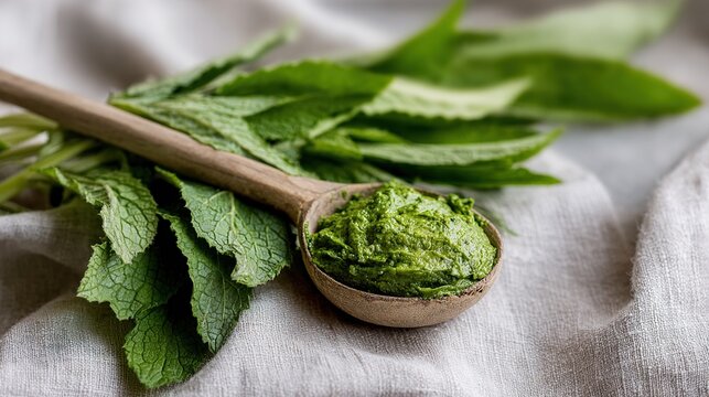 comfrey. Fresh green herbal paste on a linen cloth, a natural remedy prepared. lifestyle magazines, social media lookbooks, designed for influencer and brand collaborations.