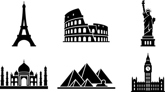 world landmarks icons set, famous monuments and travel architecture symbols, eiffel tower colosseum statue of liberty taj mahal pyramids big ben isolated on transparent background
