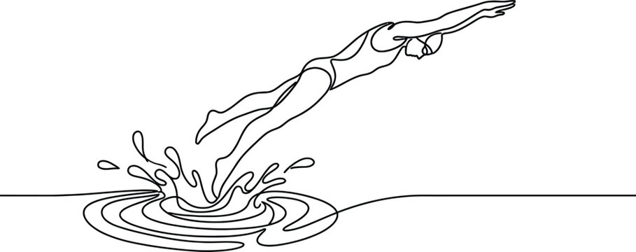Dynamic elegant sketch of a swimmer diving into water with splashing ripples and motion