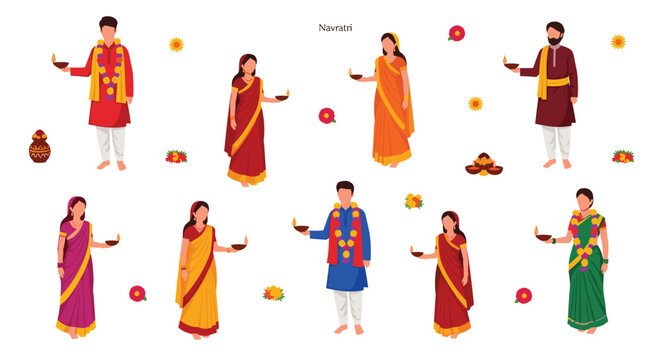 Indian men and women in traditional colorful clothing hold diyas during a festival celebration with floral decorations, isolated on white.