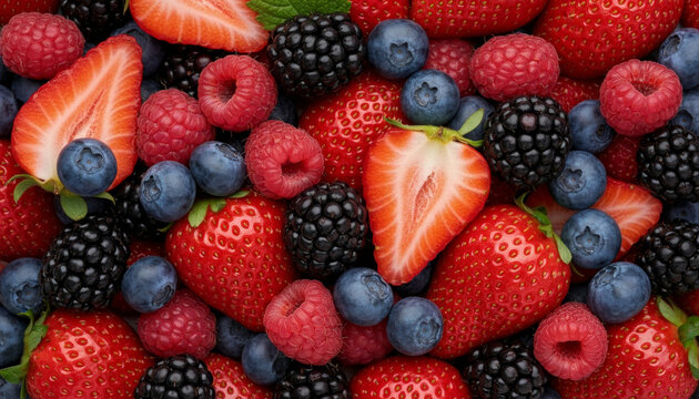 Ultra realistic macro photography of fresh strawberry raspberry blueberry blackberry vibrant color juicy texture healthy fruit natural background summer harvest delicious organic