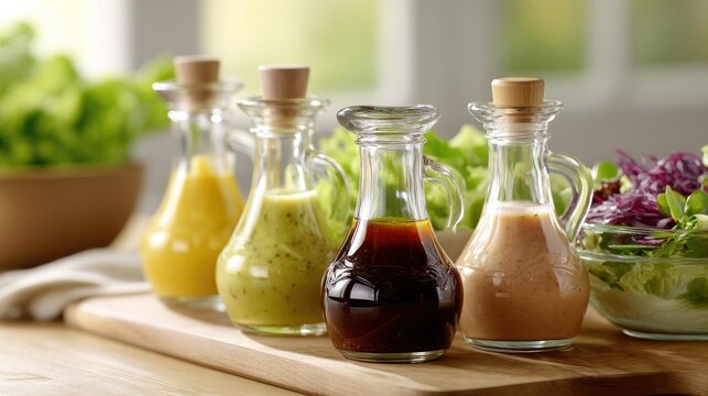 Assortment of Colorful Dressings in Glass Jars on Wooden Surface with Fresh Salads in Bright Kitchen Setting