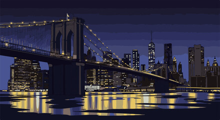 Obraz premium Pixelated nighttime cityscape with iconic bridge and glowing city lights