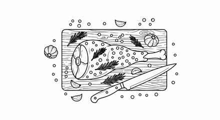 Obraz premium Seasoned meat leg with herbs, garlic, and knife on cutting board