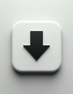 Black arrow points down on white square button. Simple modern icon for web or app interface. Symbol indicates download, next step, or decrease.