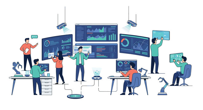 A collaborative team works in a high-tech office space equipped with robotic arms and projectors displaying interactive data visualizations on wall screens in bright light.