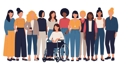 Obraz premium Diverse group of women from various backgrounds standing together including a woman in a wheelchair to promote inclusivity and unity.