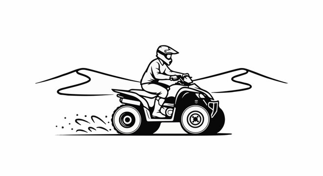 Person rides an ATV across sand dunes with dust clouds