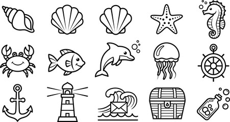 Collection of black and white line depicting marine life and nautical seashell clam shell starfish © GR Graphics