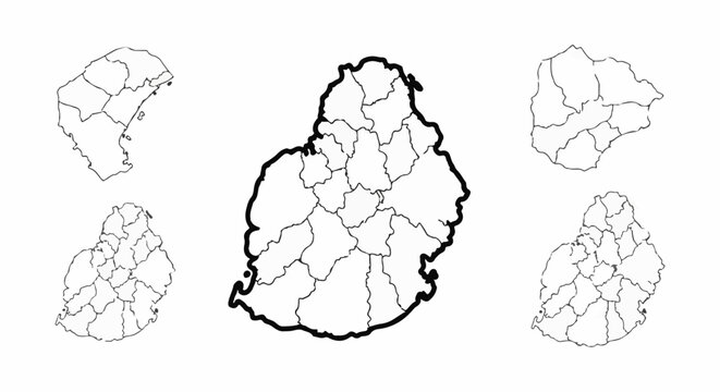 Outlined maps of Mauritius divided into regions against white background
