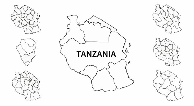 Outlined maps of Tanzania, including a central large map and surrounding smaller regional divisions