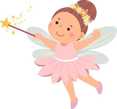 Cartoon fairy girl in pink dress with wings and a magic wand