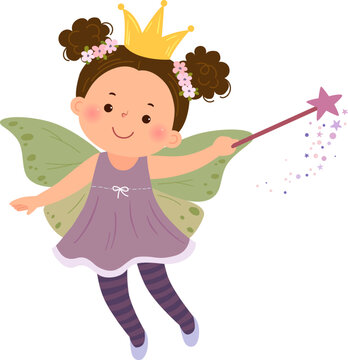 Cartoon fairy girl in purple dress with wings and a magic wand