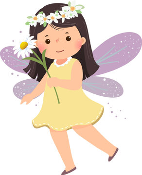 Cartoon fairy girl in yellow dress with wings and a flower