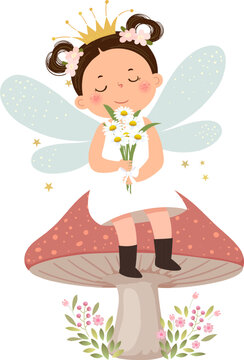 Cartoon fairy girl in white dress with wings sitting on a mushroom