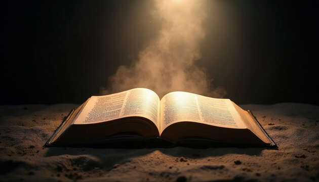 Open book with glowing pages rests on sandy surface. Light shines down through dust particles creating peaceful ambience. This sacred text invites contemplation and reflection.