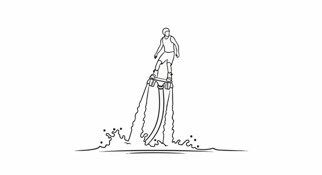 Person on flyboard soaring above water jets, creating splash
