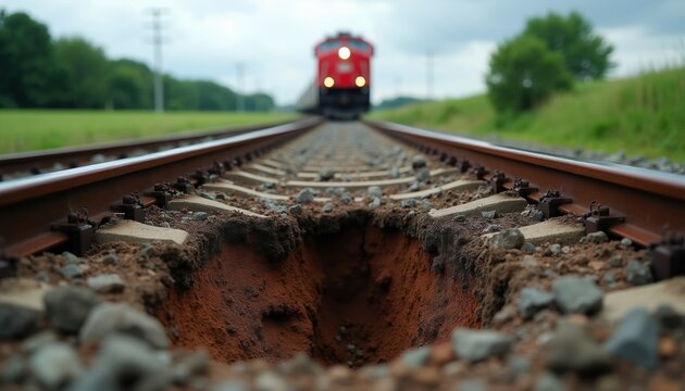 Damaged train track with a hole under ballast. Approaching red train on parallel track. Danger, risk of derailment. Infrastructure failure concept. Rail transport issues.