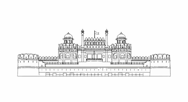Outline drawing of a grand historical fort with domes, turrets, and a flag