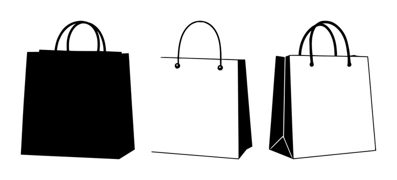Paper shopping bag set with solid black icon design featuring bag, shopping, retail with black and white and simple illustration
