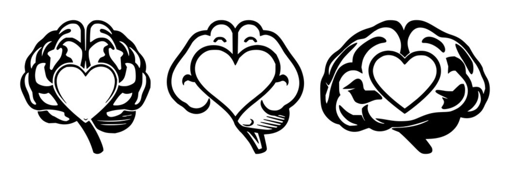 Mental health brain with heart set with solid black icon, white background featuring mental health, heart, icon design with illustration and vector