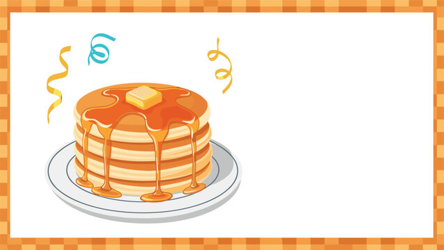 Stack of fluffy golden pancakes topped with a melting pat of butter and dripping amber maple syrup on a white plate with party streamers.