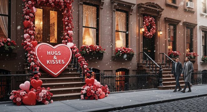 Romantic Valentine's Day street, decorated houses, heart balloons, couple walking