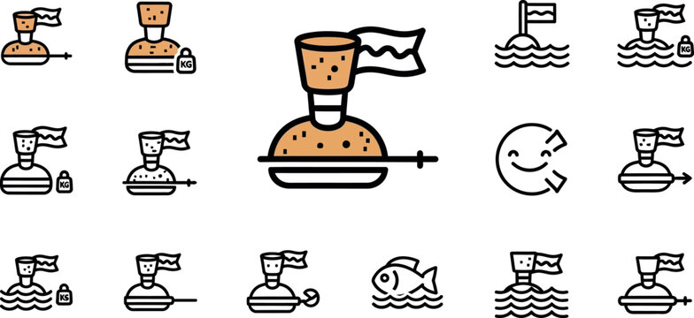 Collection of stylized depicting buoys, flags, weights, and a fish